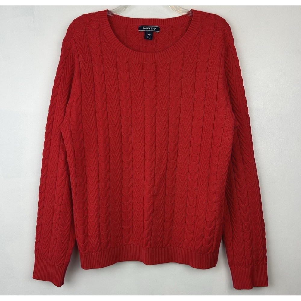 Lands End Sweater Womens Large Red Cotton Cable Knit Round Neck Capsule Casual